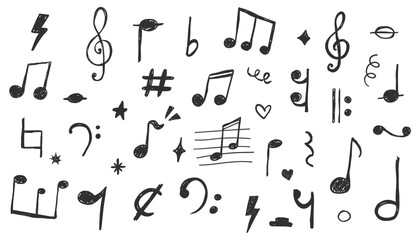 Music notes crayon chalk pencil elements in sketch style. Grunge texture. Whimsical music symbols, signs design element. Border  © Alyona