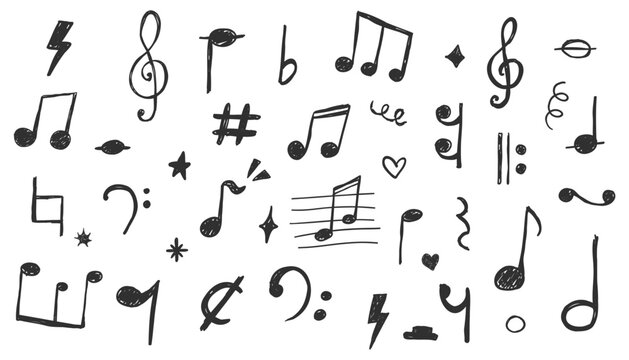 Music notes crayon chalk pencil elements in sketch style. Grunge texture. Whimsical music symbols, signs design element. Border 