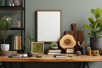 A modern and cozy home office desk with a blank picture frame and plants
