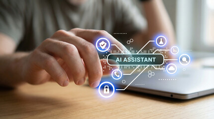 a male pressing transparent icon button. Freelancer management AI assistant technology service. Artificial Intelligence communication dashboard