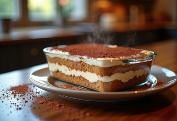 Layered Tiramisu in Glass Casserole Dish Dusting Cocoa Powder Classic Italian Indulgence Creamy Coffee Delight