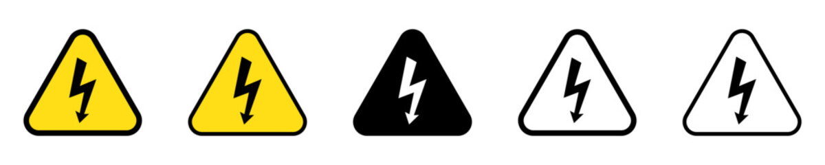 Triangle warning sign with lightning bolt arrow. Danger high voltage sign set