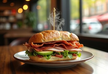 Lively Cafe Lunch Setting Featuring Turkey Club Sandwich with Bacon and Avocado Against Neat Surroundings