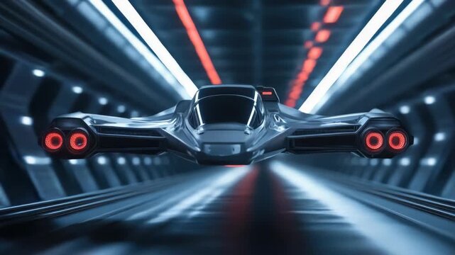 Spacecraft with afterburners on a runway, ready for intergalactic travel. High-tech, futuristic design emphasizes speed and advanced technology.