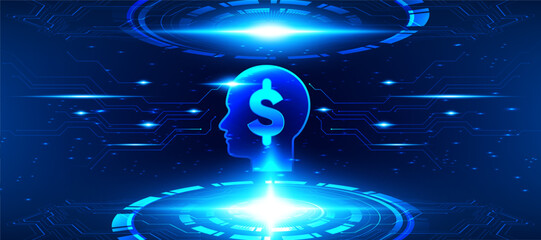 Artificial intelligence finance concept with human head and dollar symbol, glowing futuristic technology background. Digital economy, investment, fintech innovation, data network, illustration vector.