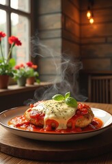 Melted Cheese Chicken Parmesan Delight Rustic Italian Bistro Ambience