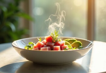Minimalist Ceramic Bowl Filled with Tuna Avocado Elements Reviving Pure Simplicity and Clean Lines