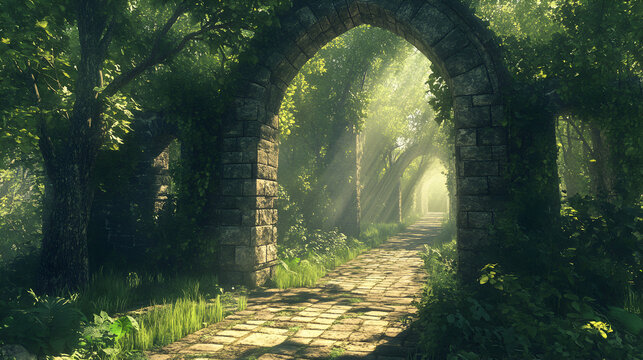 Mystical stone pathway through ancient forest arches bathed in sunlight