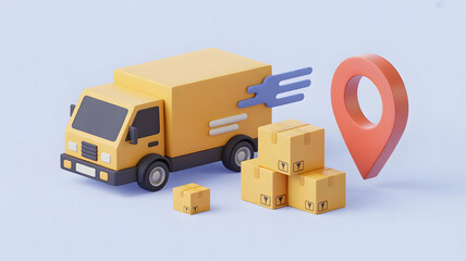 Obraz premium Shipping Logistics: A vibrant illustration showcasing the key elements of a delivery service. The scene includes a delivery truck, a stack of cardboard boxes, and a location marker.