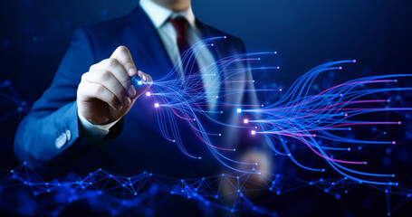 Businessman Analyzing AI Data Flow and Neural Network Technology Concept