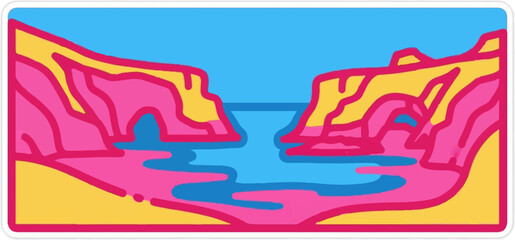 Vibrant abstract depiction of a bay with rocky cliffs and calm water under a clear sky
