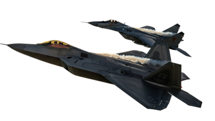 Two gray fighter jets flying in formation isolated on a transparent background gray aircraft military planes
