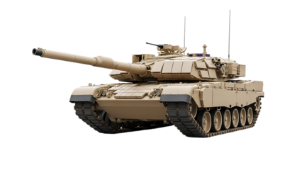 Beige military tank with long barrel and antennae isolated on a transparent background armored vehicle 1