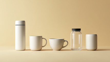 A collection of minimalist mugs, jars, and containers displayed on a warm, neutral background, showcasing sleek modern design.