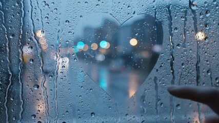 Heart shaped fog on a rainy window conveying love emotion intimacy and moody romantic atmosphere for lifestyle and seasonal visual concepts