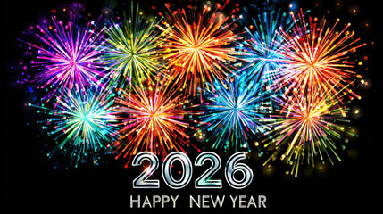 A spectacular burst of colorful fireworks illuminating the night sky, celebrating the arrival of 2026 and a Happy New Year, vibrant display of pyrotechnics with sparkling trails and brilliant hues, fe
