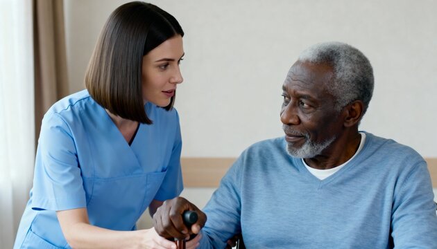 Female caregiver assisting an elderly African American man with a walking cane. Professional nurse providing support to a senior patient in a nursing home
