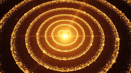 Glowing Golden Heart Surrounded by Concentric Particle Circles on Dark Background