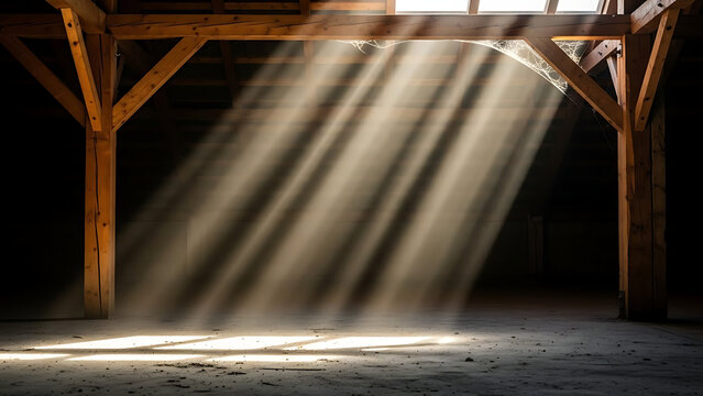 Sunlight beams through wooden beams in a rustic barn interior with a dusty floor and dark background