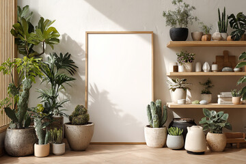 Fototapeta premium a collection of various potted plants and decorative items arranged on shelves and the floor with a blank wooden frame for copyspace