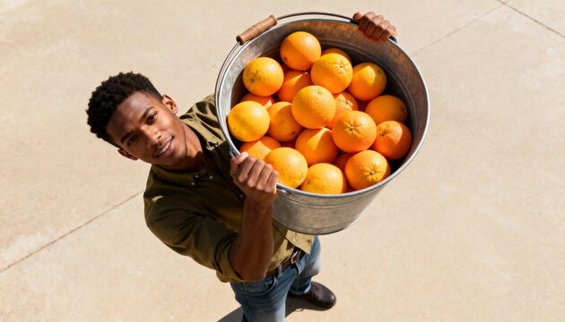 High angle view of a young Black man holding a bucket of fresh oranges. Smiling African American farmer with citrus harvest on a sunny day.