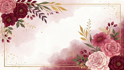 Elegant floral frame with pink roses and gold accents