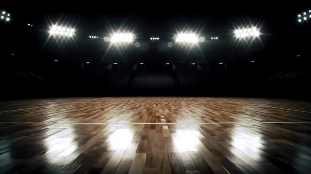 Indoor basketball court with shiny wooden floor and bright stadium lights.