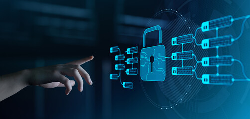 Hand Pressing Cyber Security Button on Digital Screen for Data Protection