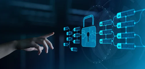 Fotobehang Muziek Hand Pressing Cyber Security Button on Digital Screen for Data Protection  © Sikov