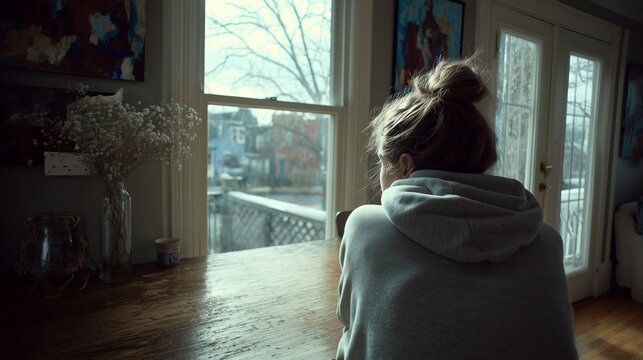 A woman in a hoodie sits thoughtfully by a window, overlooking a tranquil winter scene outside.