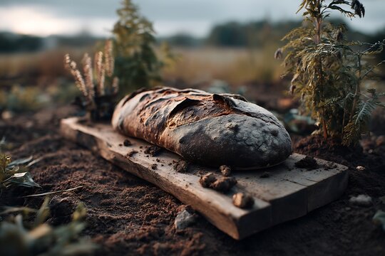 A rustic loaf of bread lies comfortably on a wooden plank, surrounded by earthy dirt next to a lively field.