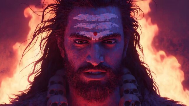 Hindu god portrait with fire background mystical spiritual power intense gaze divine warrior avatar meditation trident fierce expression atmosphere