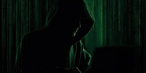 The Hooded Figure at a Laptop Surrounded by Green Digital Code and Darkness