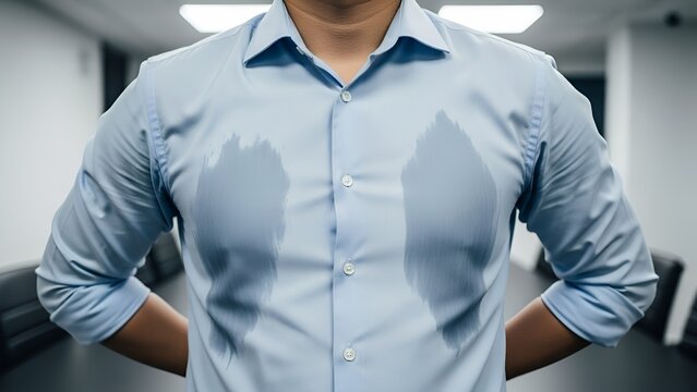 Close-up of a man wearing a light blue, sweat-stained dress shirt in an office setting with a neutral mood.