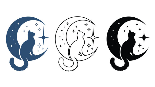 Three cat silhouettes sitting on crescent moons with stars and sparkles