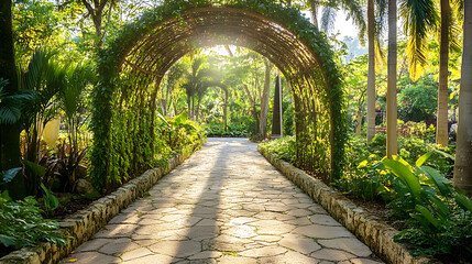 Serene garden pathway with lush greenery and natural stone walkway