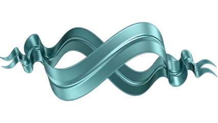 Teal metallic ribbon twisted into infinity symbol on transparent background isolated on a transparent background