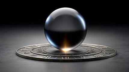 Reflective crystal sphere resting on intricate metallic surface with engraved symbols, creating a mystical ambiance and inviting exploration of hidden meanings and cosmic connections