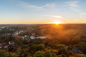 Sunset from lookout tower on Barenstein hill above Plauen city in Germany