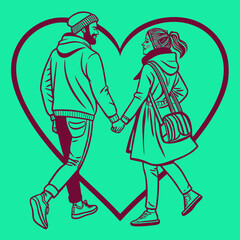 Stylized line art illustration depicts a happy young couple walking hand in hand within the outline of a large romantic heart symbol against a vibrant background