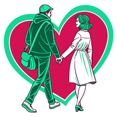 Stylized illustration of a young couple walking hand in hand against a bold heart shape symbolizing romance and partnership in love