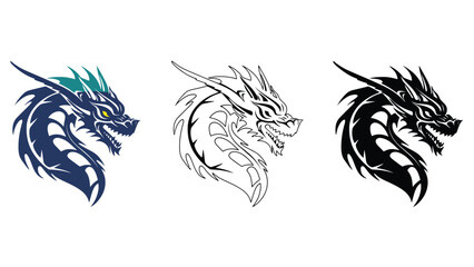 Three dragon heads in different colors and line art styles on white background