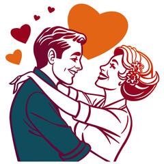 Vintage style illustration depicts a loving couple embracing affectionately under floating hearts representing deep romantic connection and heartfelt emotion