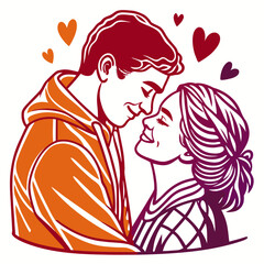 Romantic illustration depicting a loving couple sharing a tender moment with soft smiles and floating hearts symbolizing deep affection and connection
