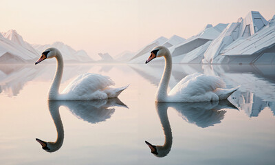 Fototapeta premium Swan Lake Reflection - elegant swans mirrored in tranquil water forming seamless symmetry, soft morning haze and pastel peach sky