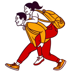 Energetic young couple enjoying a playful piggyback ride together while carrying a large travel backpack on a cheerful outdoor adventure or journey