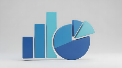 Modern 3D visualization of financial data analysis featuring bar and pie charts in varying shades of blue, representing growth, statistics, and strategic business planning