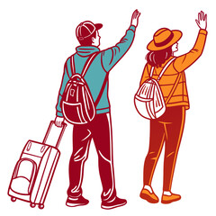 Two young travelers with backpacks and luggage waving goodbye or hailing a ride while preparing for their exciting vacation departure