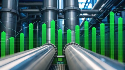Industrial pipes with a green growth graph overlay, symbolizing progress and efficiency in the manufacturing sector.