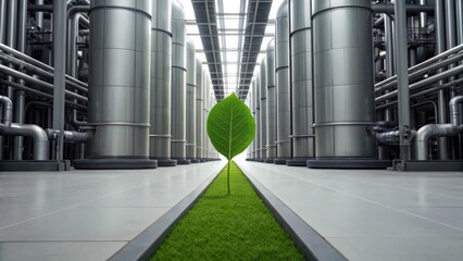 A green leaf stands amidst metallic machinery, symbolizing a juxtaposition of nature and industry in a modern environment.